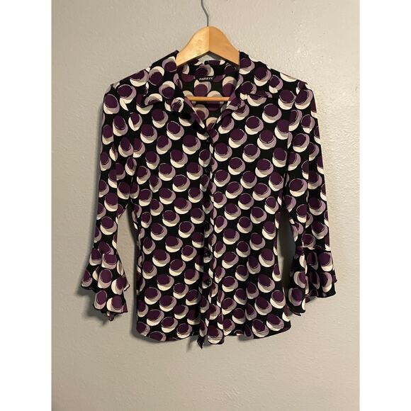 Vintage Anxiety Womens Top Small Purple Geometric Bell Sleeve Grunge 90s FLAW - Picture 1 of 8